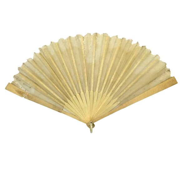 ANTIQUE Women Lace Folding Fan Sequins Embroidered Tulle Wooden Frame Repairable - Picture 1 of 11